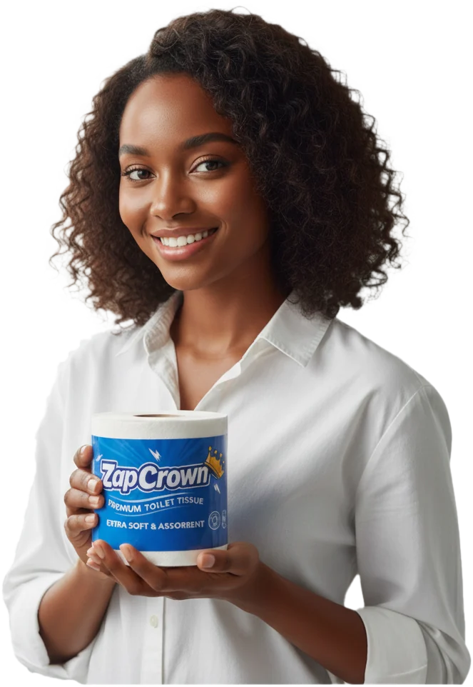 A smiling woman holding a roll of ZapCrown Premium Toilet Tissue