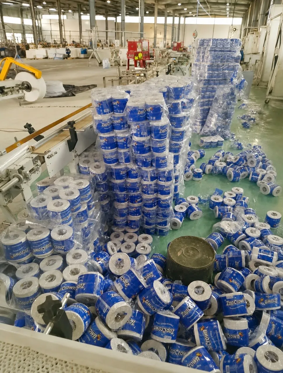 Large quantities of ZapCrown toilet tissue rolls ready for distribution