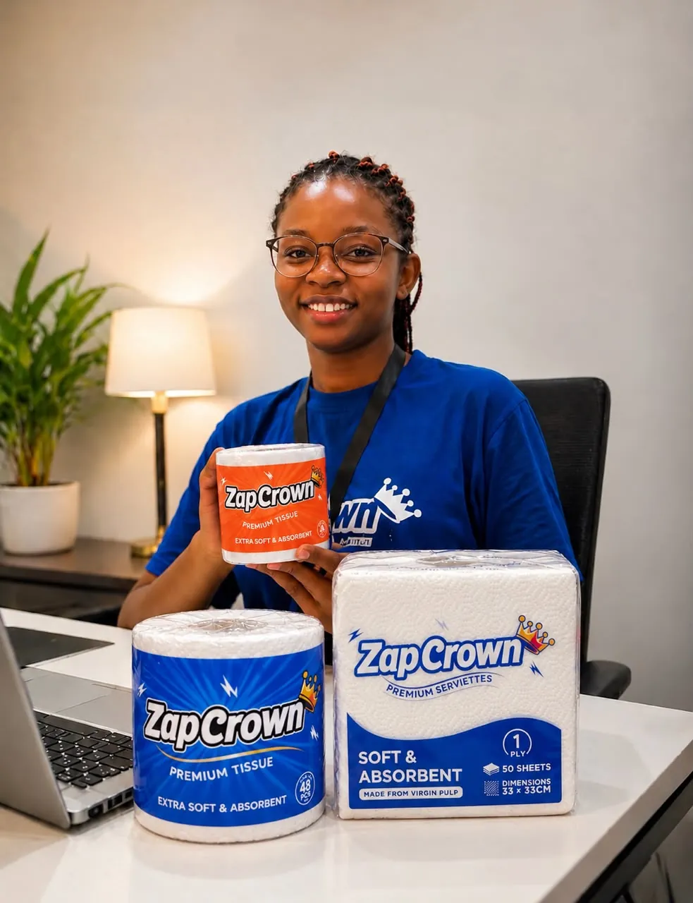 A Jaynud team member holding ZapCrown toilet tissue and serviettes