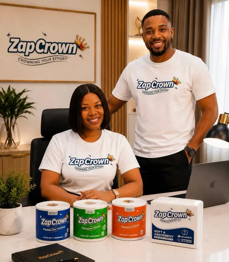 Two members of the Jaynud team in ZapCrown shirts with the ZapCrown product range